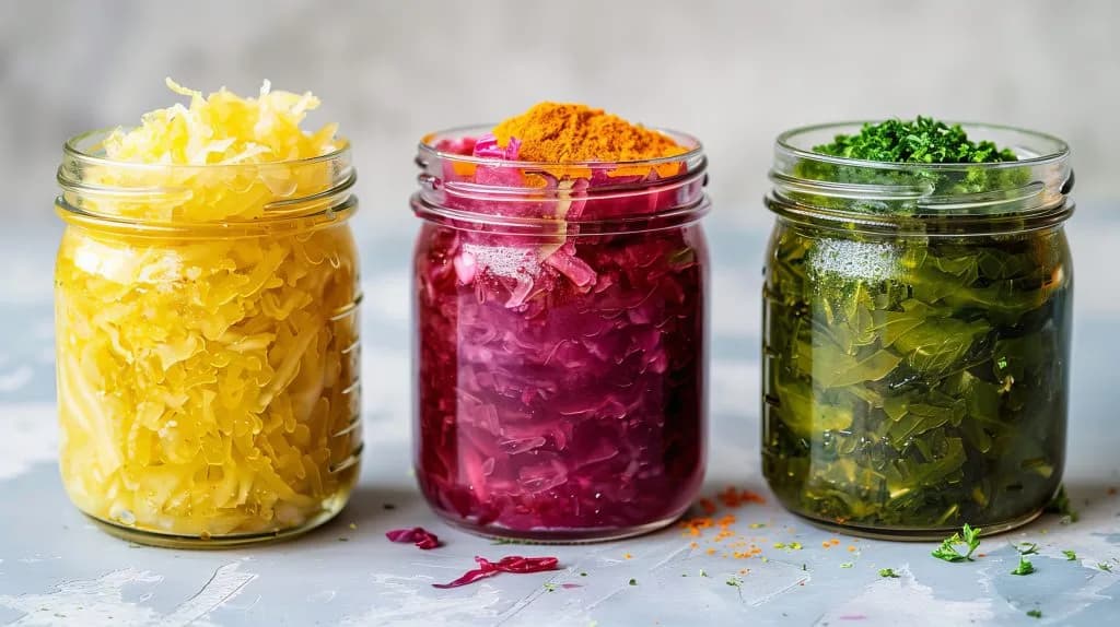 A collection of sauerkraut variety preserved in mason jars, including beetroot kraut, green kraut, and yellow kraut.